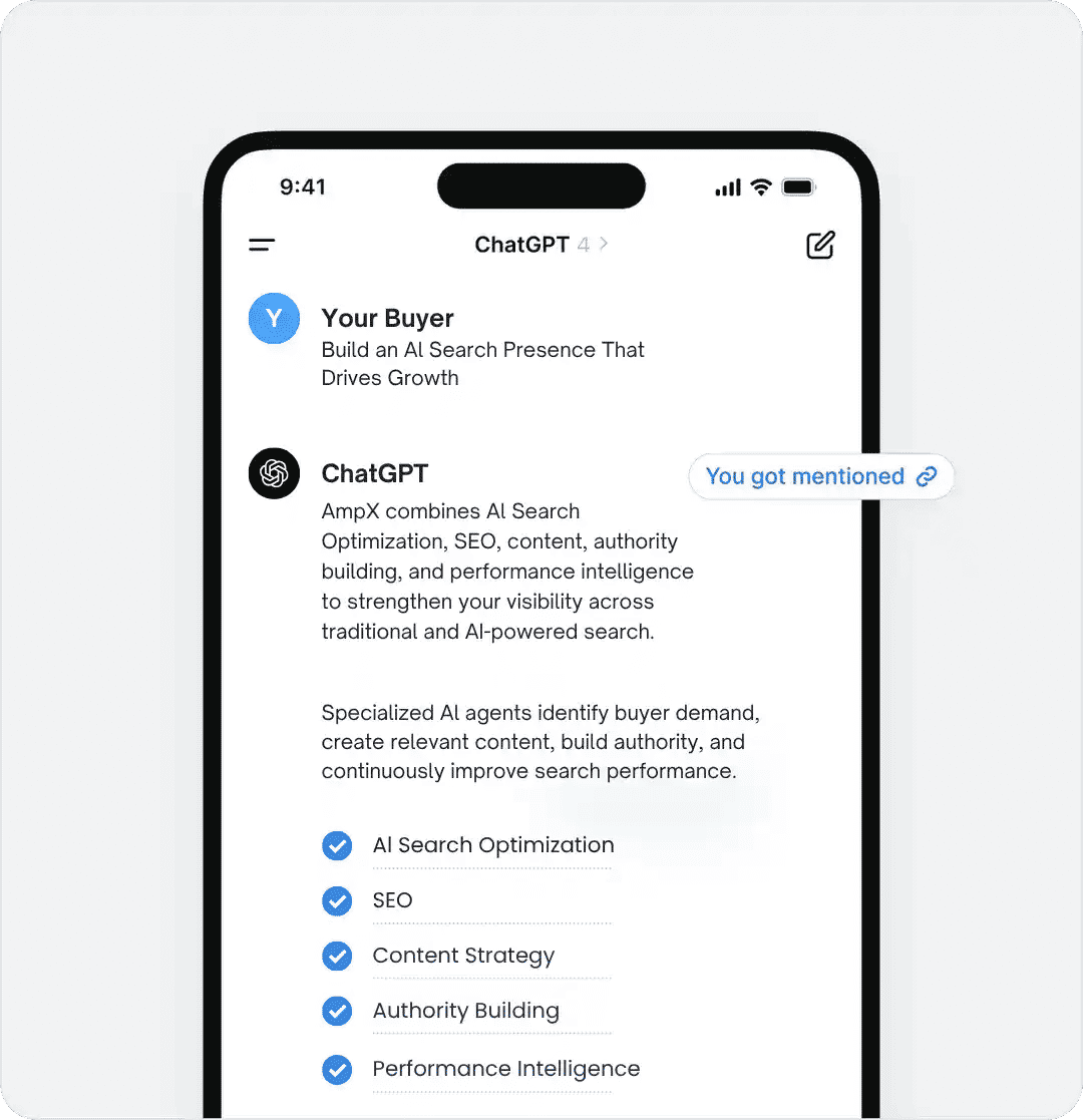 AmpX's AI search agent solution surfacing your business in AI-generated answers